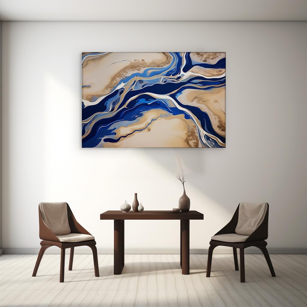Canvas for Living Room. Organic Flow and Serenity Woven in Blue, Brown, and White: The Dynamic Harmony of Abstract Artistry, 27 x 18 inch Canvas Wall Art - Ready to Hang