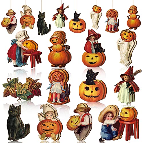 Image of 24 Pcs Halloween Wood Ornaments for Tree Vintage Halloween Decorations Hanging Sign Happy Pumpkin Witch Black Cat Skull Decorative Ornaments for Holiday Party Home Decor