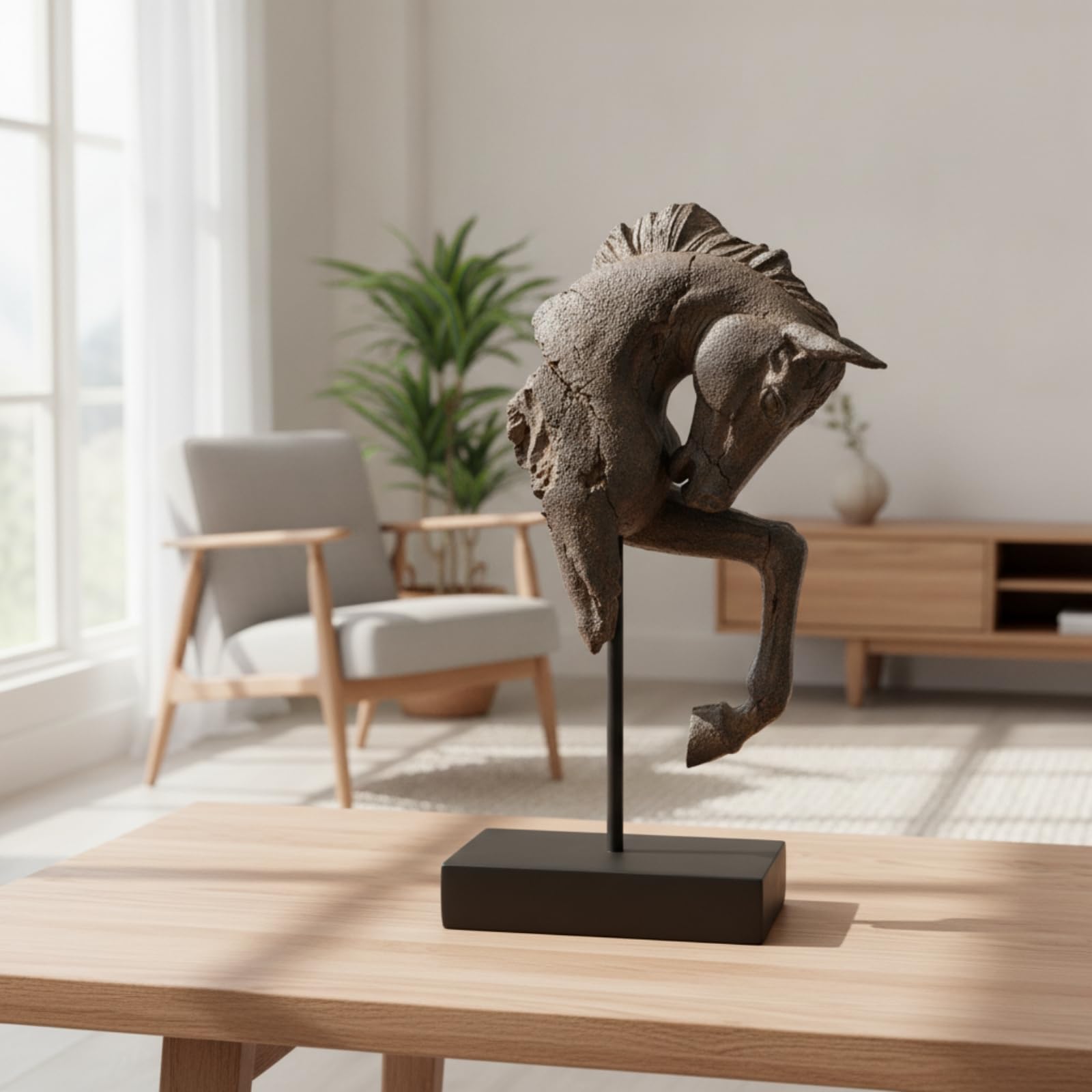 Milageto Estatua de Caballo Decorativa Cabeza de Caballo Escultura Busto Figura Ornamental Resina Sintética Diseño Elegante Cabeza Inclinada y Soporte Firme Adecuada para Hogar Vitrina Entrada 43cm