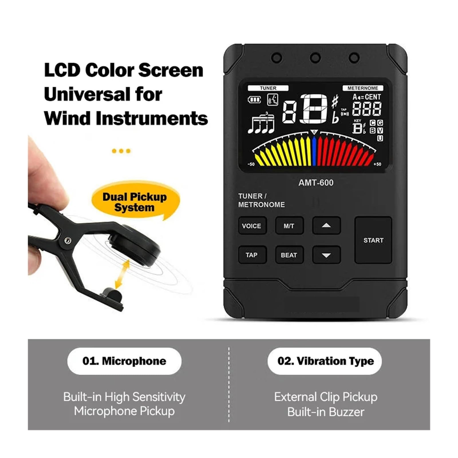 Metronome Tuner for All Instruments, Rechargeable Digital Metronome with English Vocal Counting and TAP Function Tuning Modes