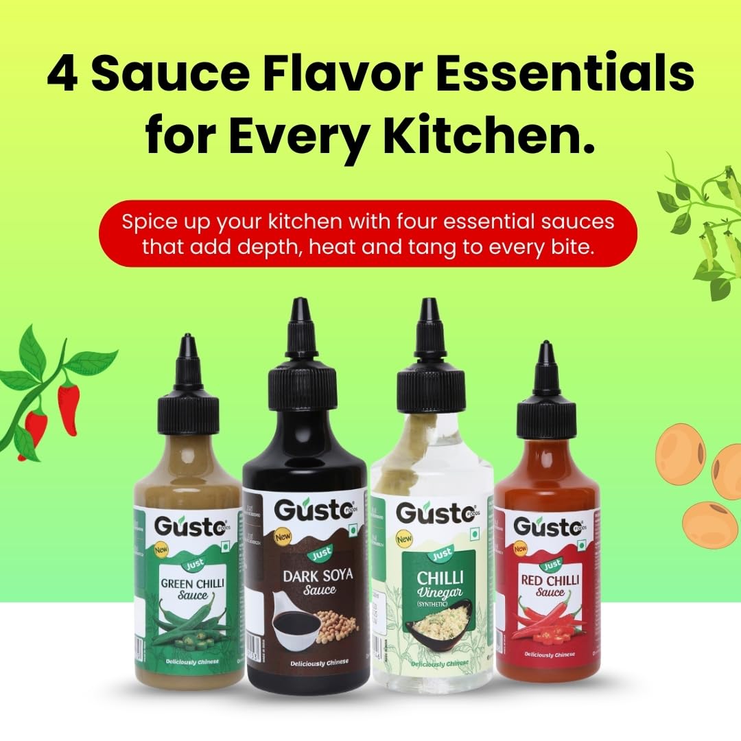 Gusto Foods Chinese Sauces Combo | Red Chilli 200g, Green Chilli 190g, Soya Sauce 310g & Chilli Vinegar 170ml | Asian Sauce Pack for Fried Rice, Noodles & More