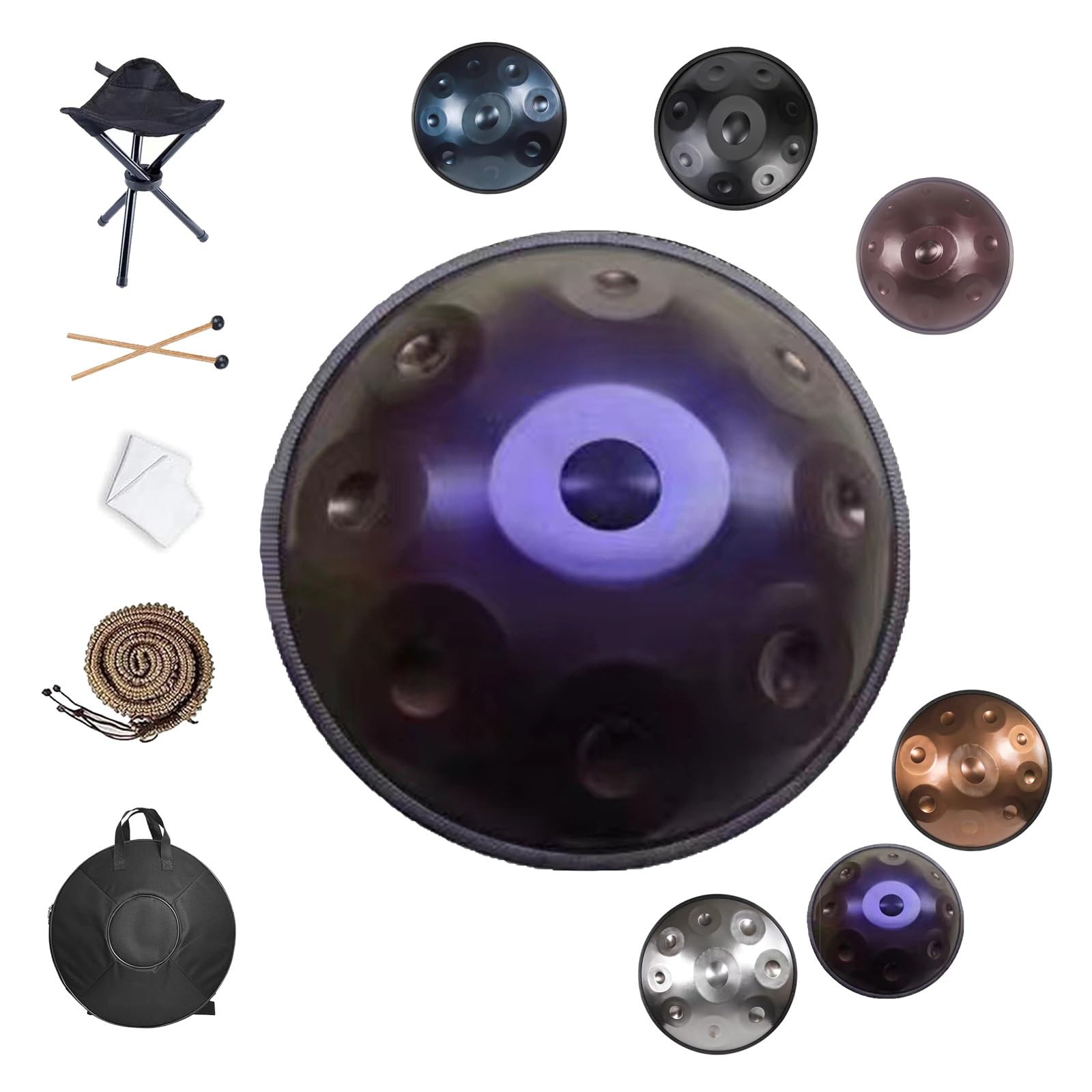 22Pulgadas Handpan de Acero Nitrurado, 9/10/12 Notas en Re Menor Tamburo de Mano Artesanal, 432/440Hz Ideal para Terapia de Sonido y Yoga, con Estuche Rígido y Accesorios(Deep Purple,432HZ/9Note)