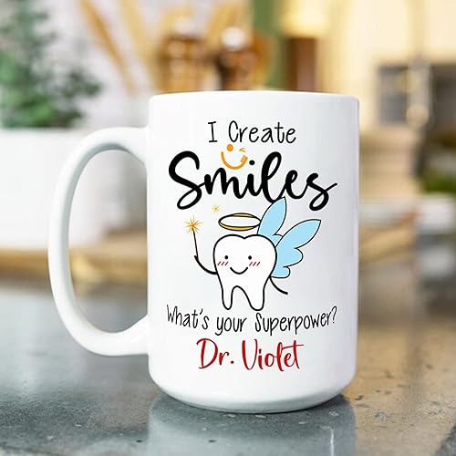 Miniatura 3 de Taza de café blanca personalizada para dentistas de 11 onzas, 15 onzas, taza de cerámica con texto en inglés "I Create Smiles What's Your
