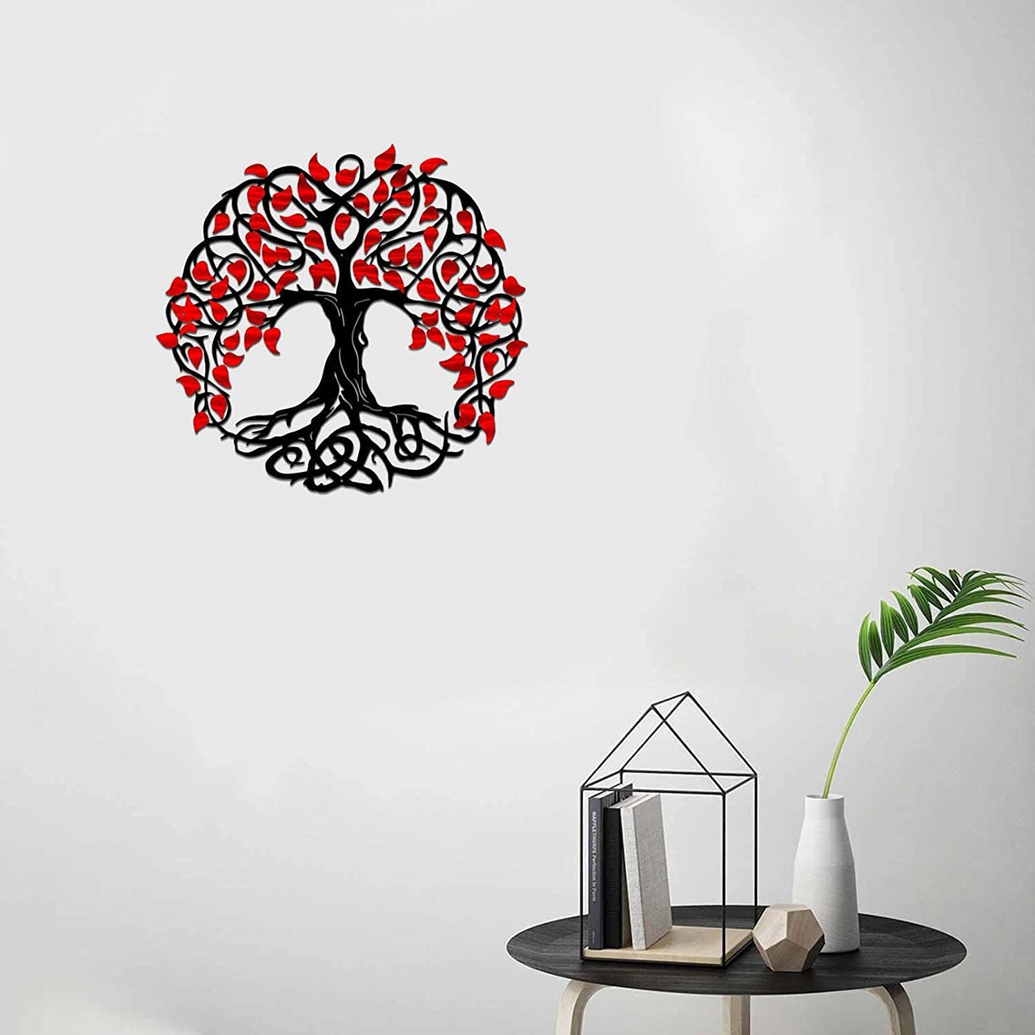 Decoración de Pared Decoración de pared de árbol de la vida de metal de 11,8 pulgadas, decoración de arte de pared de árbol genealógico, letrero de árbol, obra de arte decorativa de hierro (rojo)