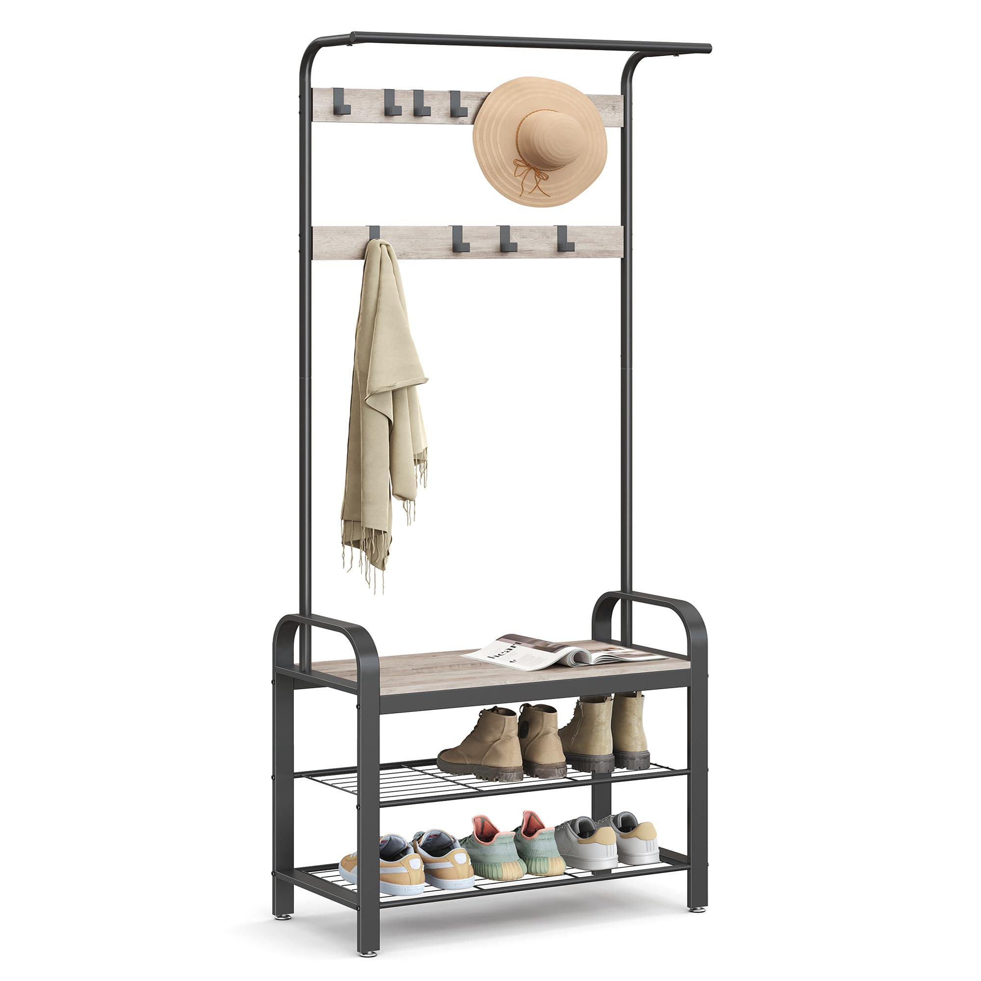 VASAGLE Coat Rack, Coat Stand with Shoe Storage Bench, 4-in-1 Design, with 9 Removable Hooks, a Clothes Rail, for Hallway, Entrance, 34 x 72 x 183 cm, Industrial, Greige and Black HSR40MB