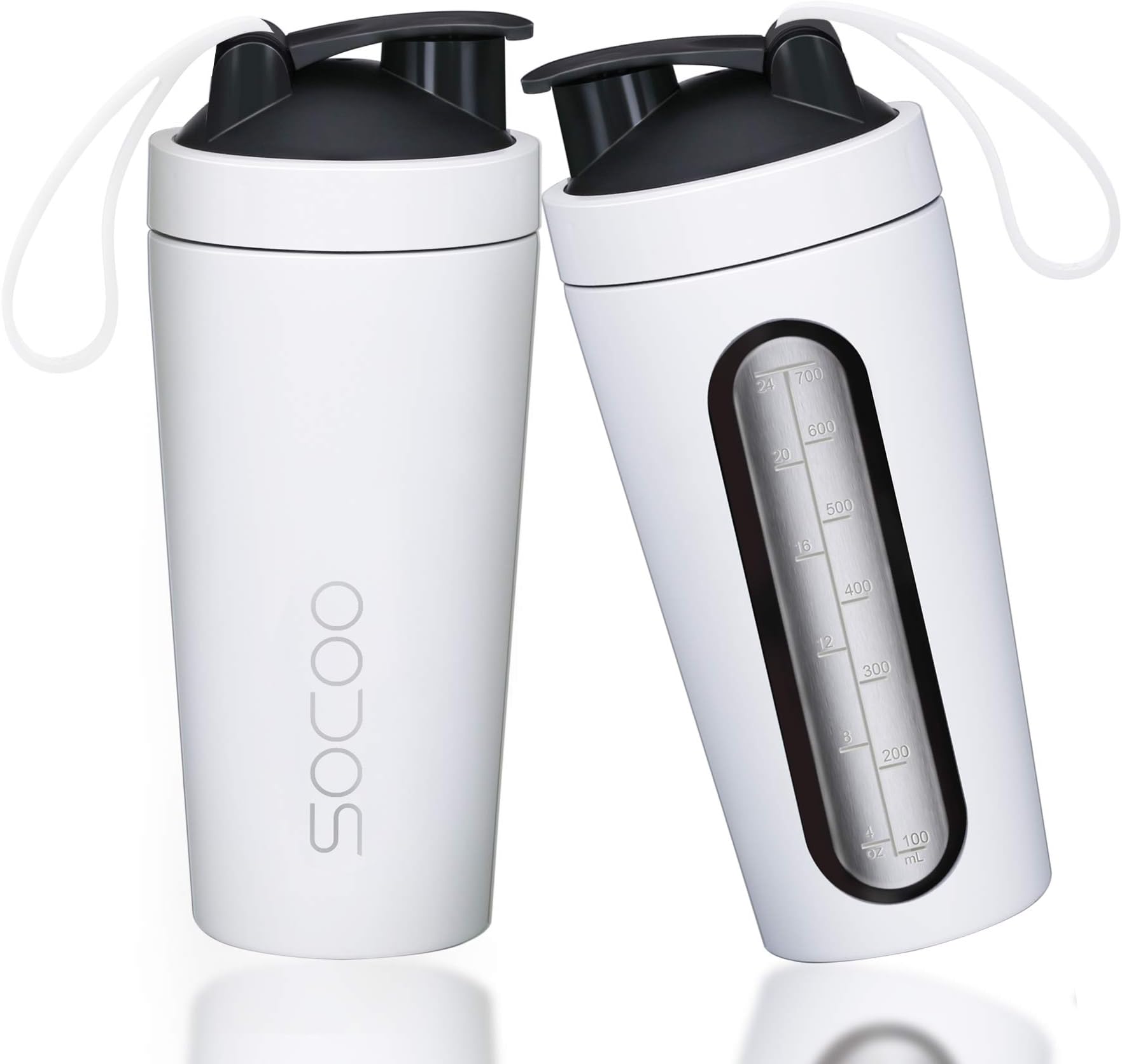 Protein Shaker Bottle Stainless Steel BPA & Phthalate Free Leak Proof Dishwasher Safe Shaker Cup Loop Top Shaker Cup Smoothie Bottle for Fitness Gym Workout Sports Drinking (White)