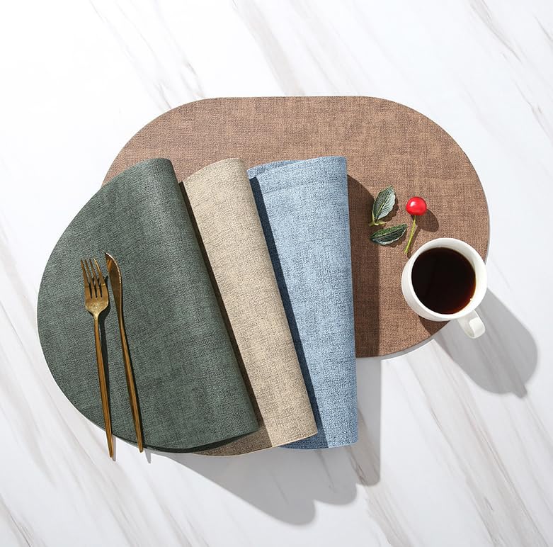 Salvamanteles Individuales, Juego de 4 Manteles Individuales y Posavasos de Cuero Macizo de Doble Cara Manteles Individuales y Posavasos de Cuero Lavables con Forma Ovalada Resistentes Al Cal