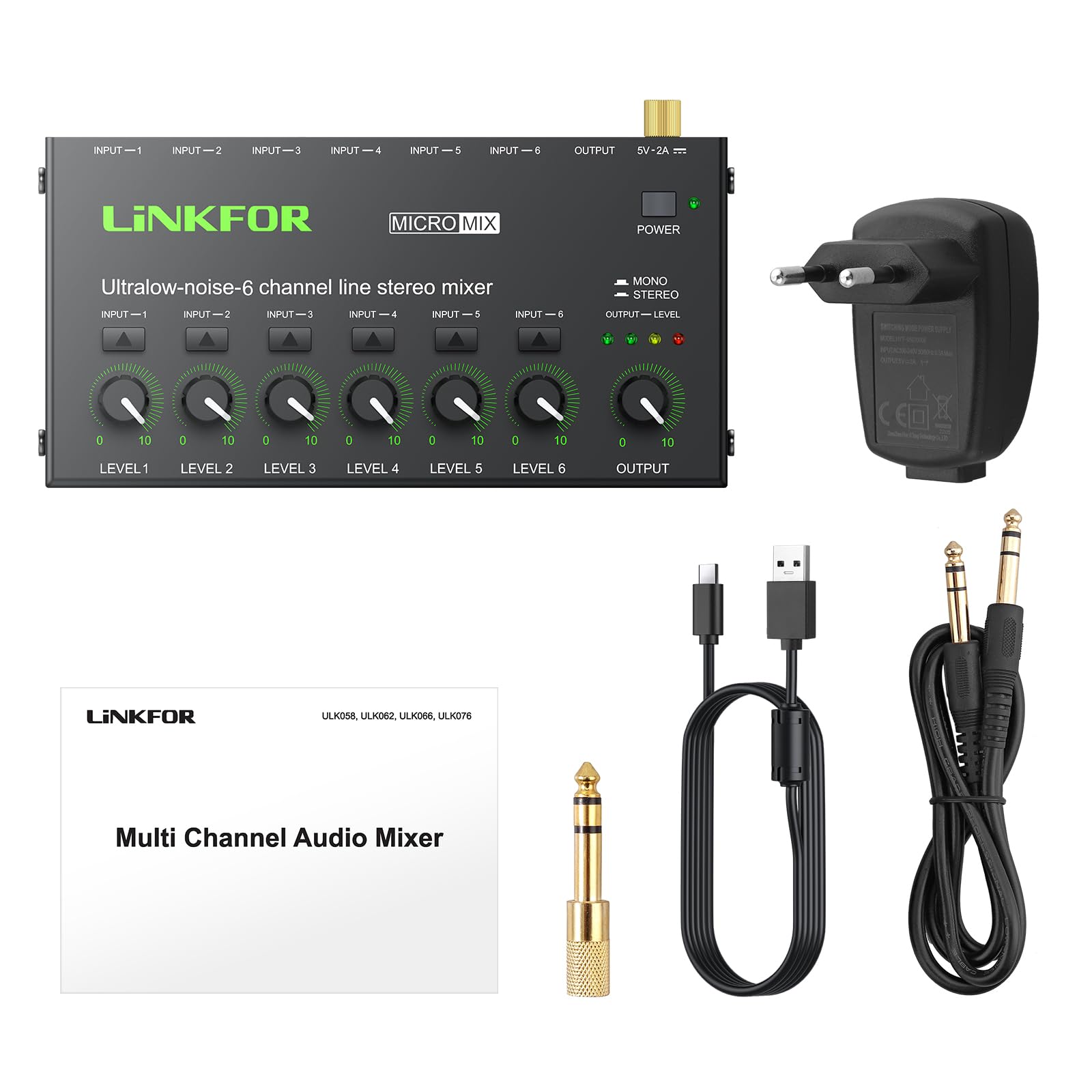 LiNKFOR 6 Kanal Mini Stereo Audio Mixer Ultrakompakter Audiomixer Unabhängige Lautstärkeregelung für Mischungen, DC 5V Type-C Mini-Audiomischer mit Netzteil Audiokabel - Ultra Niedrig Noise