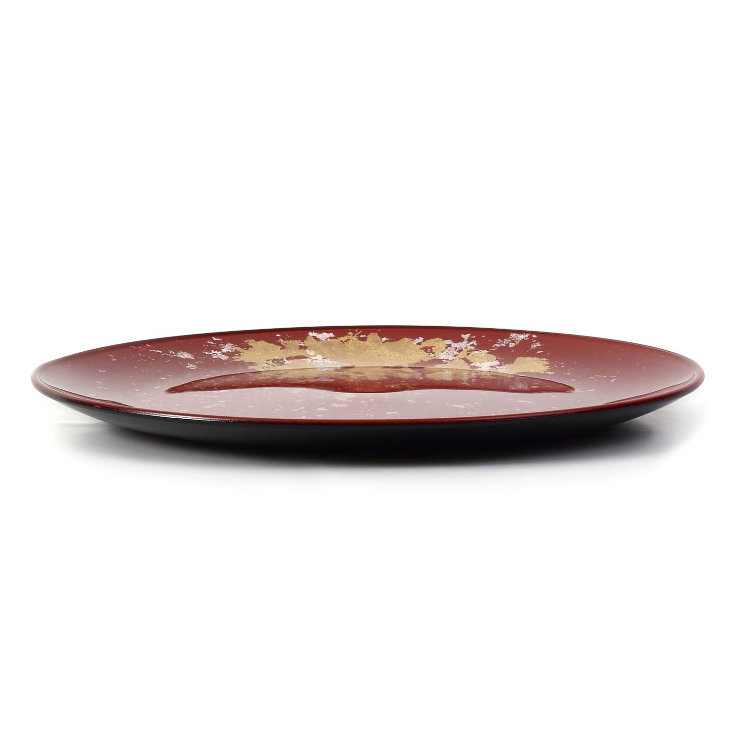 Syosaku Japanese Urushi Glass Flat Dinner Plate Φ11-inch Vermilion with Gold Leaf, Dishwasher Safe, Flat Dinner 11-inch (28cm) - Image 4