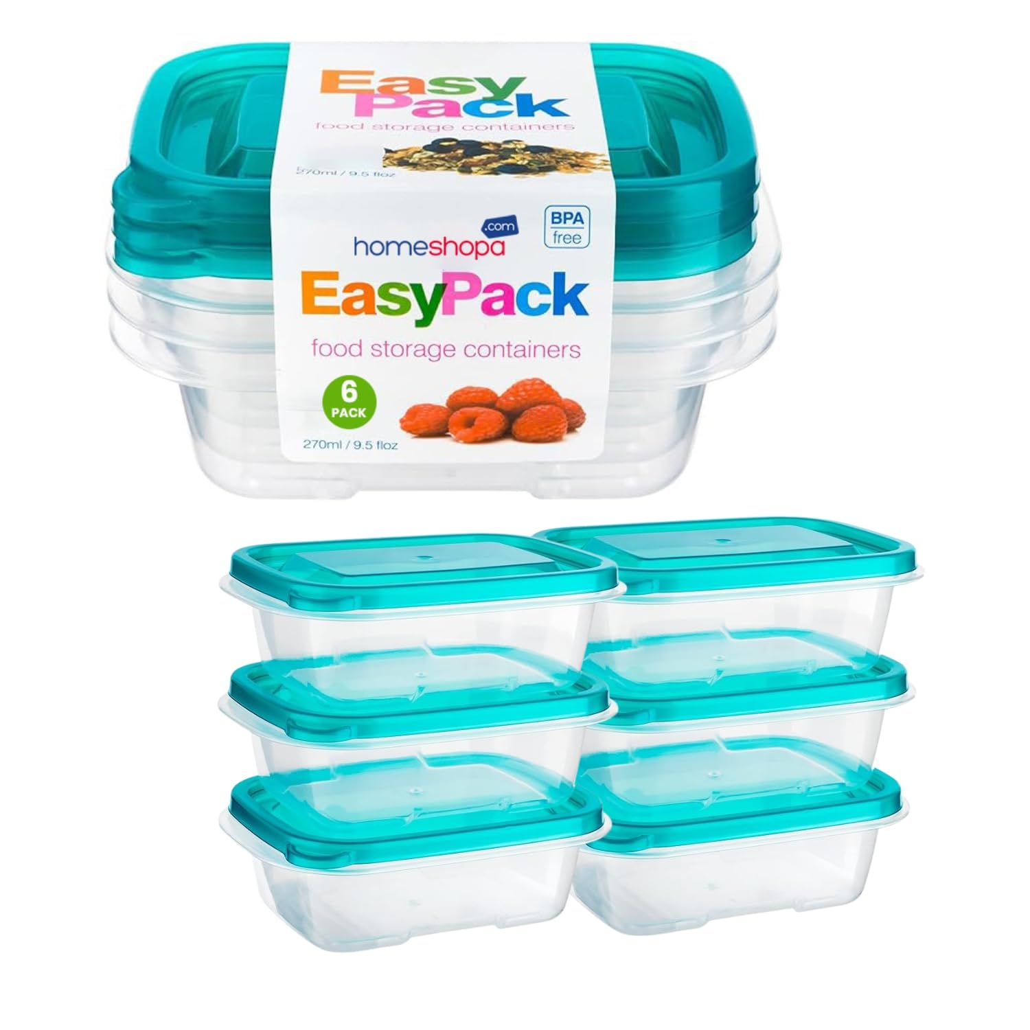 Homeshopa.com Turquoise (Transparent) Homeshopa Food Storage Containers, 6 Pack Rectangular Bpa Free Plastic Containers With Airtight Lids, Reusable, Stackable, Nestable Meal Prep Boxes, Microwavable, Freezer And Dishwasher Safe, 270 Ml