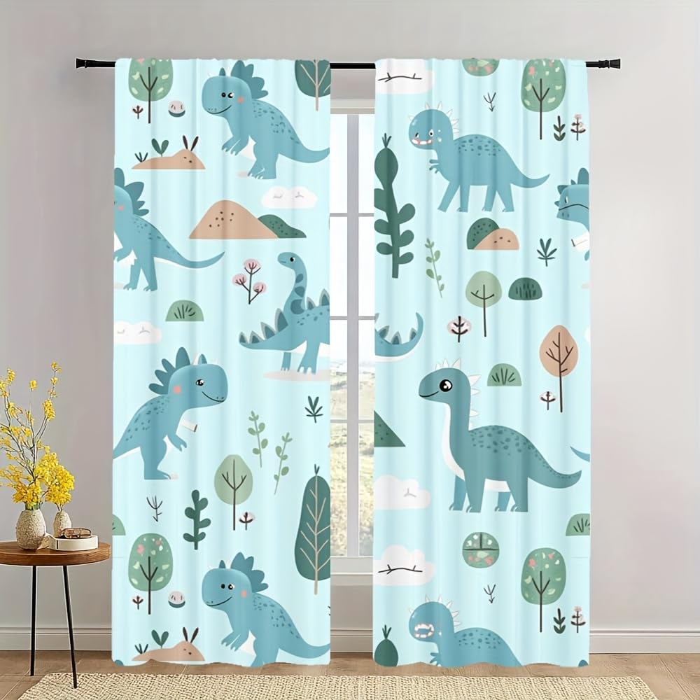 SMXVRC Blue Dinosaur Blackout Curtain Nordic Animal Plant Print Window Drapes with Black Liner Room Darkening Thermal Insulated Window Curtains for Living Room Bedroom W29.5 x L65.3 x 2 Panels