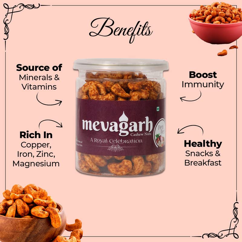 Mevagarh Peri Peri Flavoured Cashews Nuts (200g X1) | Salted, Non Fried, Oil Free, Crunchy Kaju Snack | Cashew Nuts | Premium Spicy Flavoured Nuts | Whole cashews | Whole Crunchy Cashew (Masala Kaju)