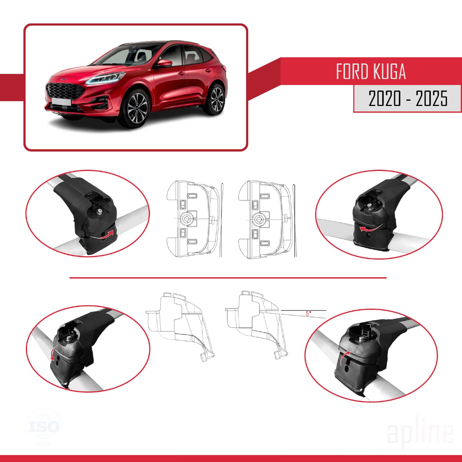 Barres De Toit Pour Ford Kuga 3 (2020-2025) - Modèle ACE-2, Gris Aluminium - Charge Max 75 Kg, Antivol