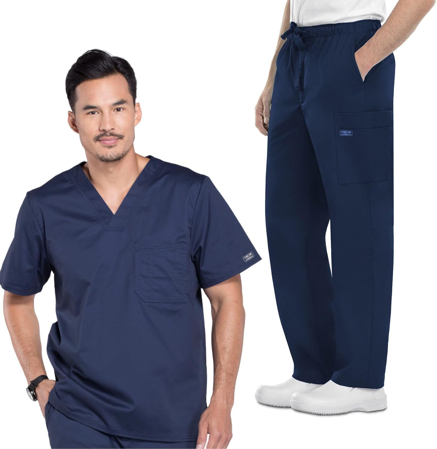 Cherokee Men's Scrub Set Tuckable V-Neck Top 4743 Fly Front Cargo Scrub Pant with Reinforced Adjustable Drawstring 4243