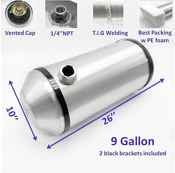 JSD 9 Gallons 10 x 26 Aluminum Spun Round Gas Tank Fuel Cell Tank End Fill 1/4 NPT Outlet