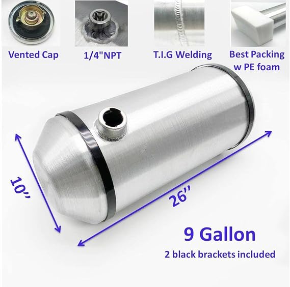 JSD 9 Gallons 10 x 26 Aluminum Spun Round Gas Tank Fuel Cell Tank End Fill 1/4 NPT Outlet