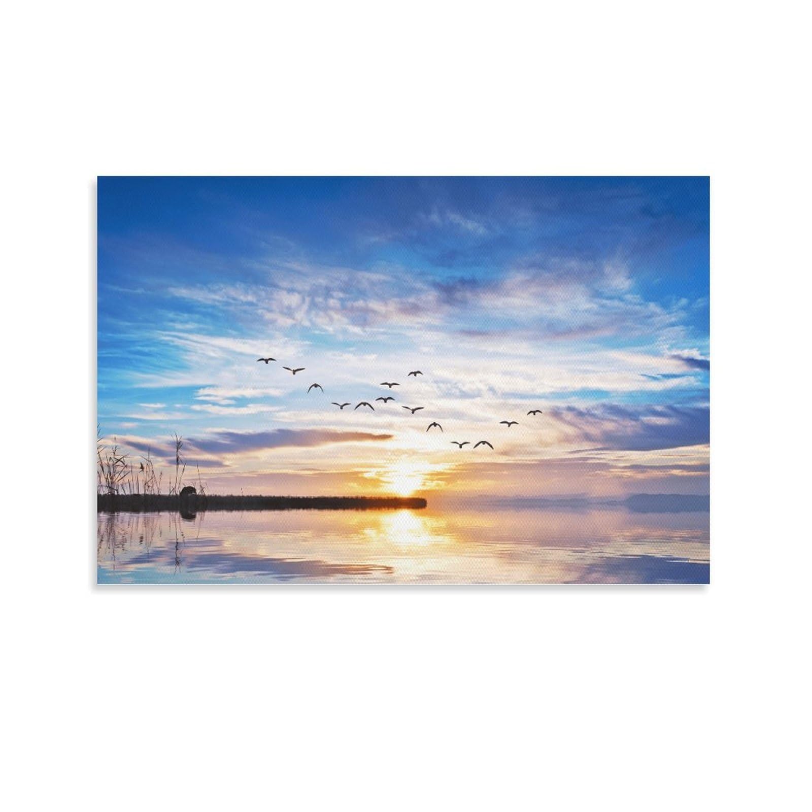 XPASHIQWC Sunrise Lake Poster Artwork Flying Bird Giclee Canvas Prints Modern Wall Art Picture Wall Hanging for Living Room Bedroom Home Decorations 24x36inch(60x90cm)