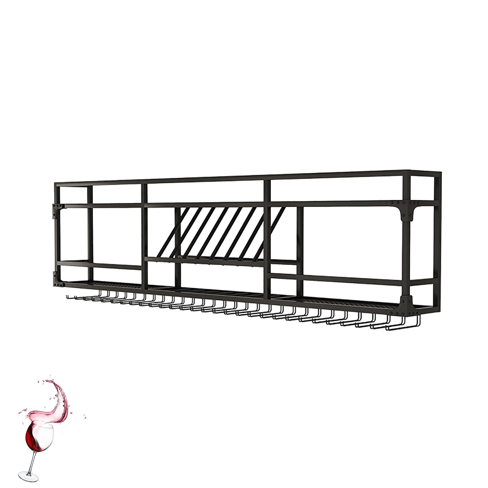 Support à verres à 2 niveaux et casier à vin mural au design noir minimaliste