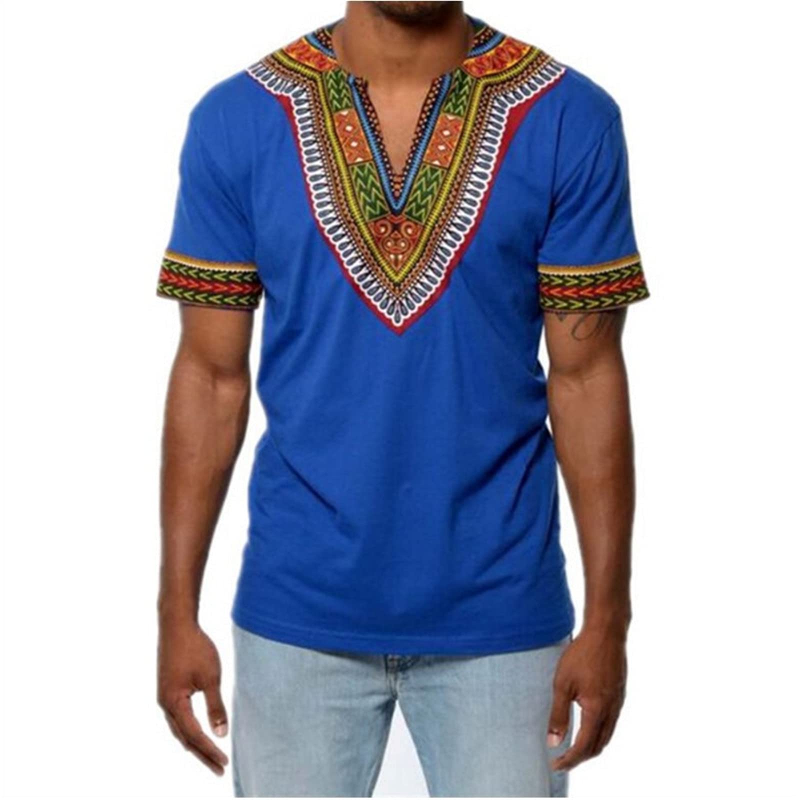 domorebest Slim Fit Short Sleeve African T-Shirt Men African Dashiki Tee Shirt African Ethnic Printed Tops S-XXL Blue