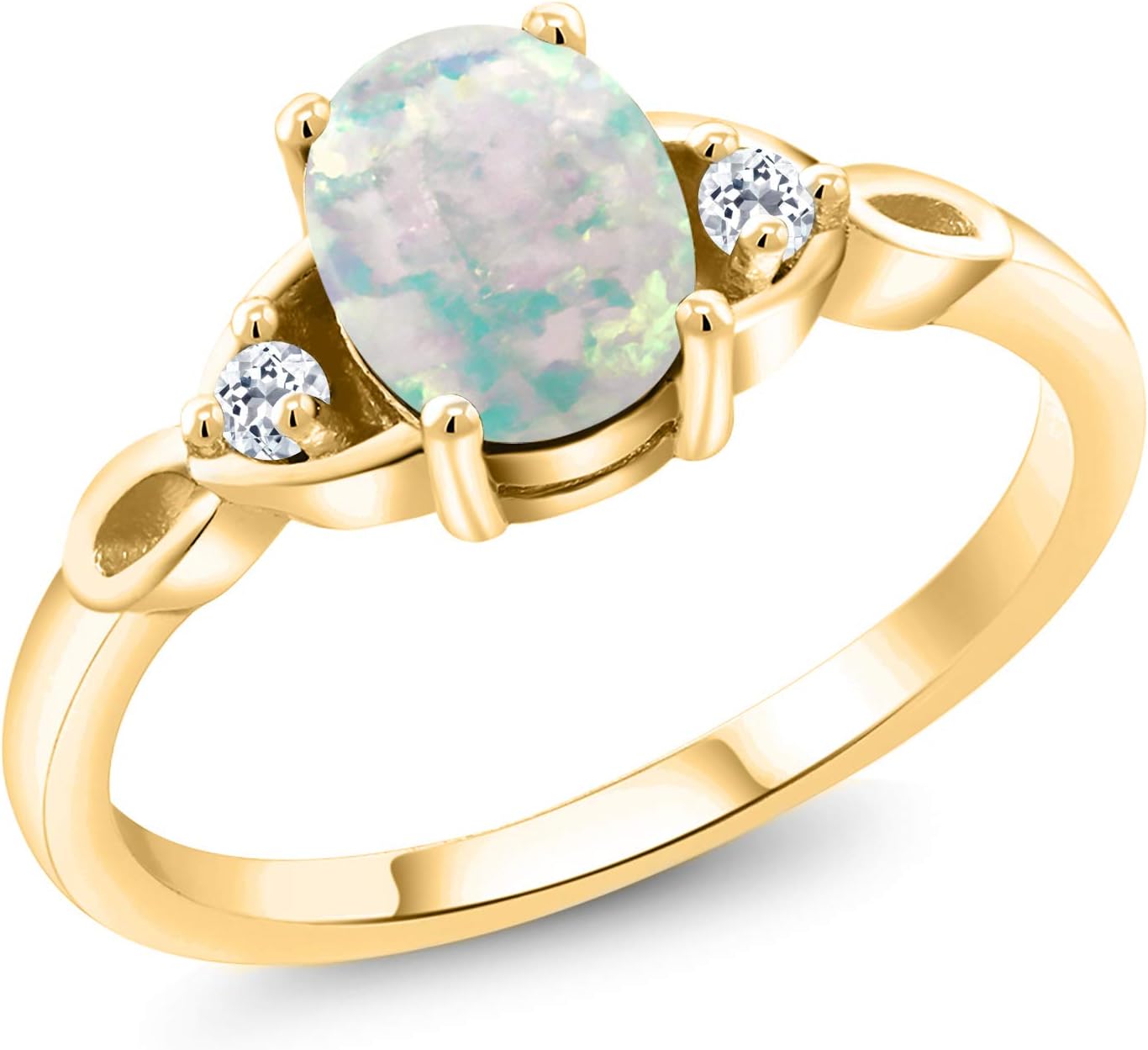 18K Yellow Gold Plated Silver Gemstone Birthstone and White Topaz 3-Stone Ring for Women | Oval 8X6MM with 2MM Round Accents | Three Stone Wedding Anniversary Engagement Promise Ring | Sizes 5-9