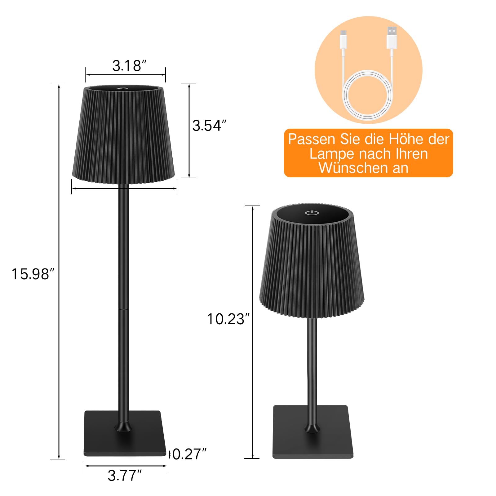 OUTON Led-tafellamp, draadloos, touch-dimbaar, 3 kleurtemperaturen, 4800 mAh, bedlampje, oplaadbare batterij, metalen materiaal, voor buiten, nachtkastje, eettafel, bureau, zwart, 1 stuks