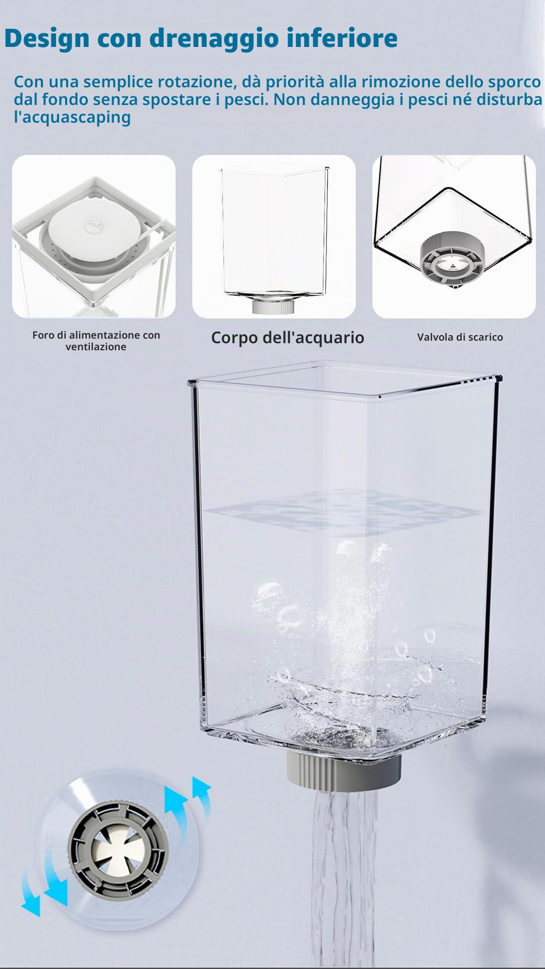 Acquario Betta - Mini Acquario Scrivania 1,4L con Scarico Inferiore, Controllo Temperatura Intelligente USB, Luci LED Regolabili - Fish tank with crystal