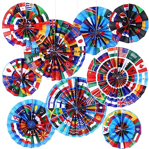 Image of Outus 27 Pcs International World Flags Classroom Decorations Around the World Hanging Paper Fans Country Flags International Decor Party Banner Garland for Office Classroom Decor
