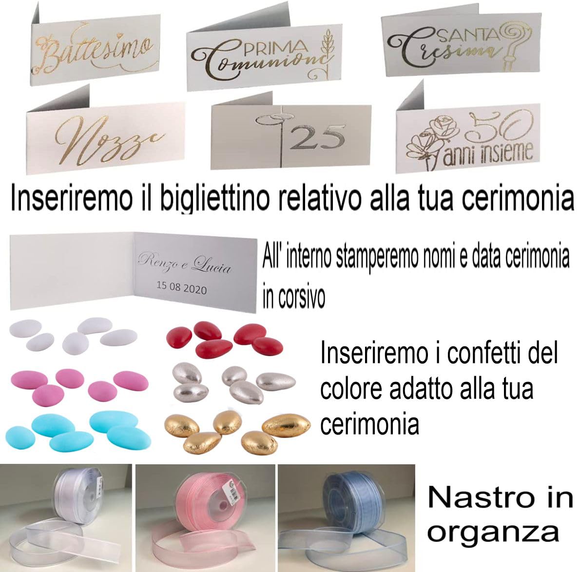Regalami.Shop 10 bomboniere Battesimo, Comunione Personalizzate in Marmo di Carrara con Scatola, Confetti alla Mandorla, Essenza, Nastro in Organza e bigliettino Personalizzato (angioletta, 10)