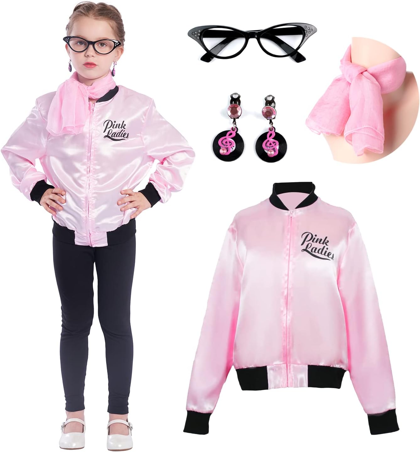 Sincere Party Pink Ladies Grease Jacket Back to the 50s Grease Costume for Girls with Glasses,Scarf,Earrings