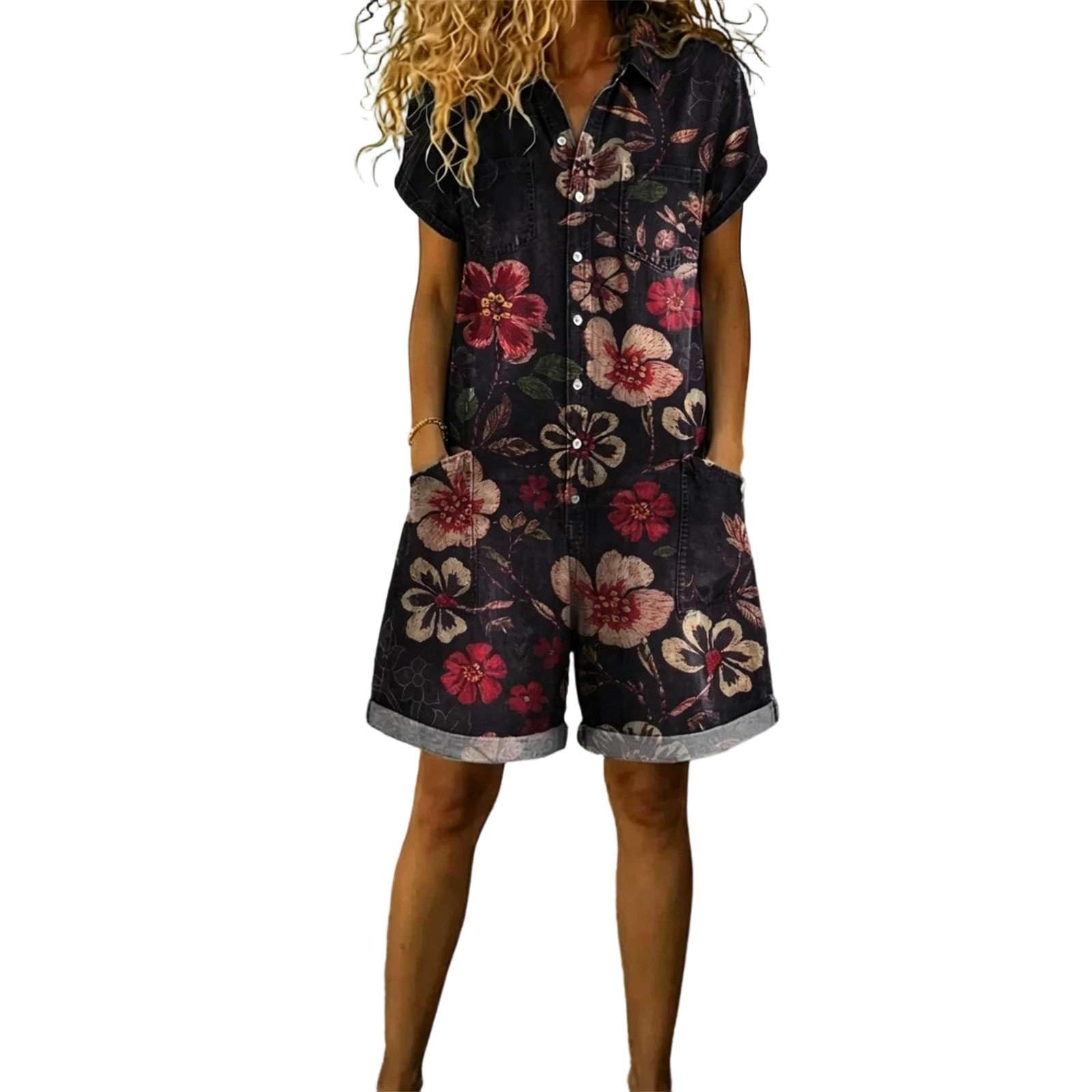 Jeans Jumpsuit Damen Sommer Kurzarm Latzhose Vintage Floral Overalls Casual Baggy Playsuit mit Taschen Einteiler Loose Fit Hosenanzug Boho Hippie Style Bunte Blumen Hose Gartenhose