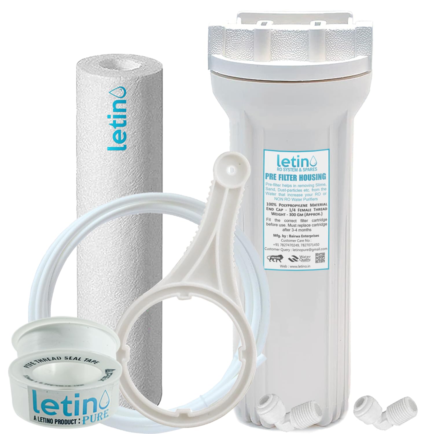 Letino Pre-Filter Housing Food Grade Material PP Housing, PP Spun Filter, Spanner, Tefloon Tape, 2pc E-Lbow Compatible with All Types of RO/UV Water Purifier-picture-11