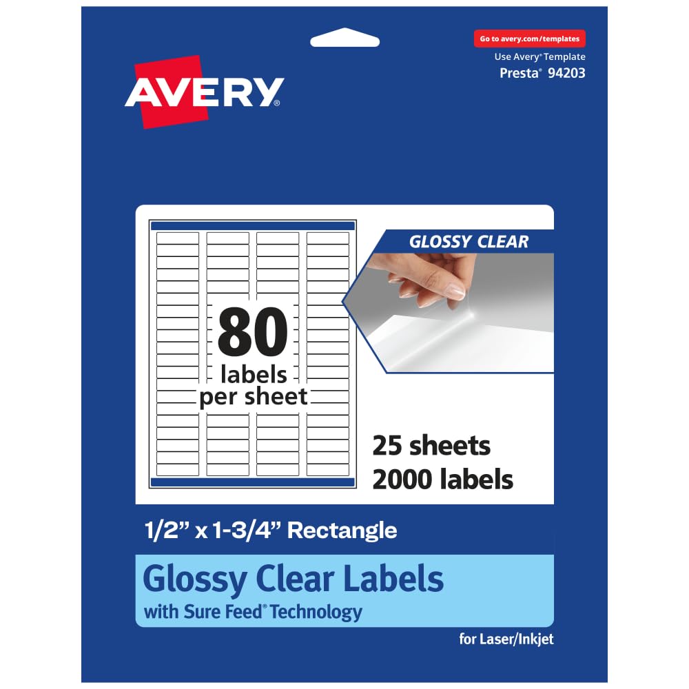Avery Etichette rettangolari trasparenti lucide con alimentazione sicura, 12,7 x 4,4 cm, 2.000 etichette trasparenti lucide, etichette stampabili a laser e a getto d'inchiostro