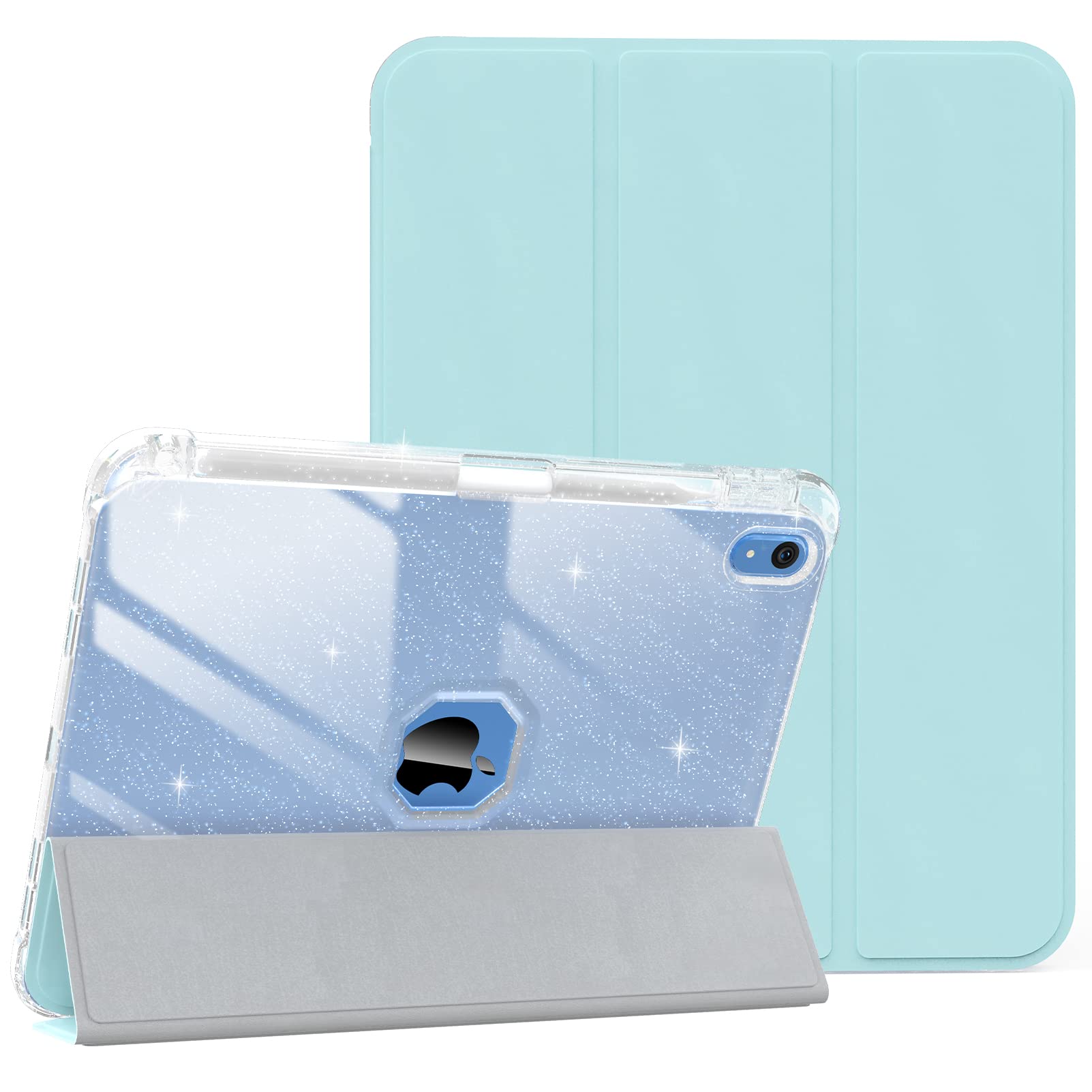 sevrokNew iPad 10th Generation Case 2022 10.9-inch with Pencil Holder, Sparkle Glitter Leather Cover [Support Touch ID and Auto Wake/Sleep] Lightweight Clear Rear Folio Case (Blue)