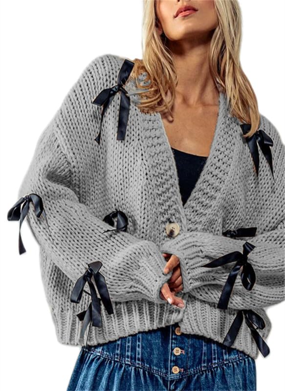 Image of Thopavenoir Women's Y2k Bow Trim Cardigan Sweaters Long Sleeve Button Down Knit Jacket Oversized Pullover Coats Knitwear