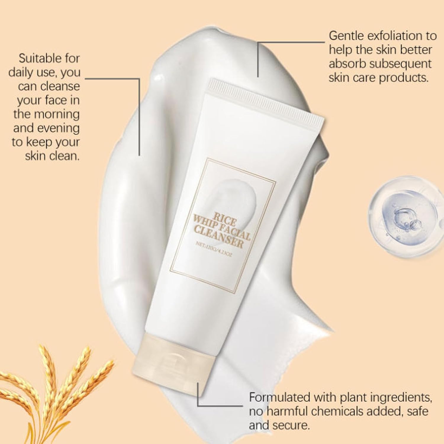 Rice Facial Cleanser, Gentle Foaming Cleanser, Controls Oil, Moisturizes and Hydrates, Nourishes Skin, Cleanses Pores, Gentle Formula Suitable for All Skin Types, Korean Skincare Product, 4.23 Oz - Image 4