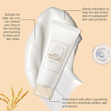 Rice Facial Cleanser, Gentle Foaming Cleanser, Controls Oil, Moisturizes and Hydrates, Nourishes Skin, Cleanses Pores, Gentle Formula Suitable for All Skin Types, Korean Skincare Product, 4.23 Oz