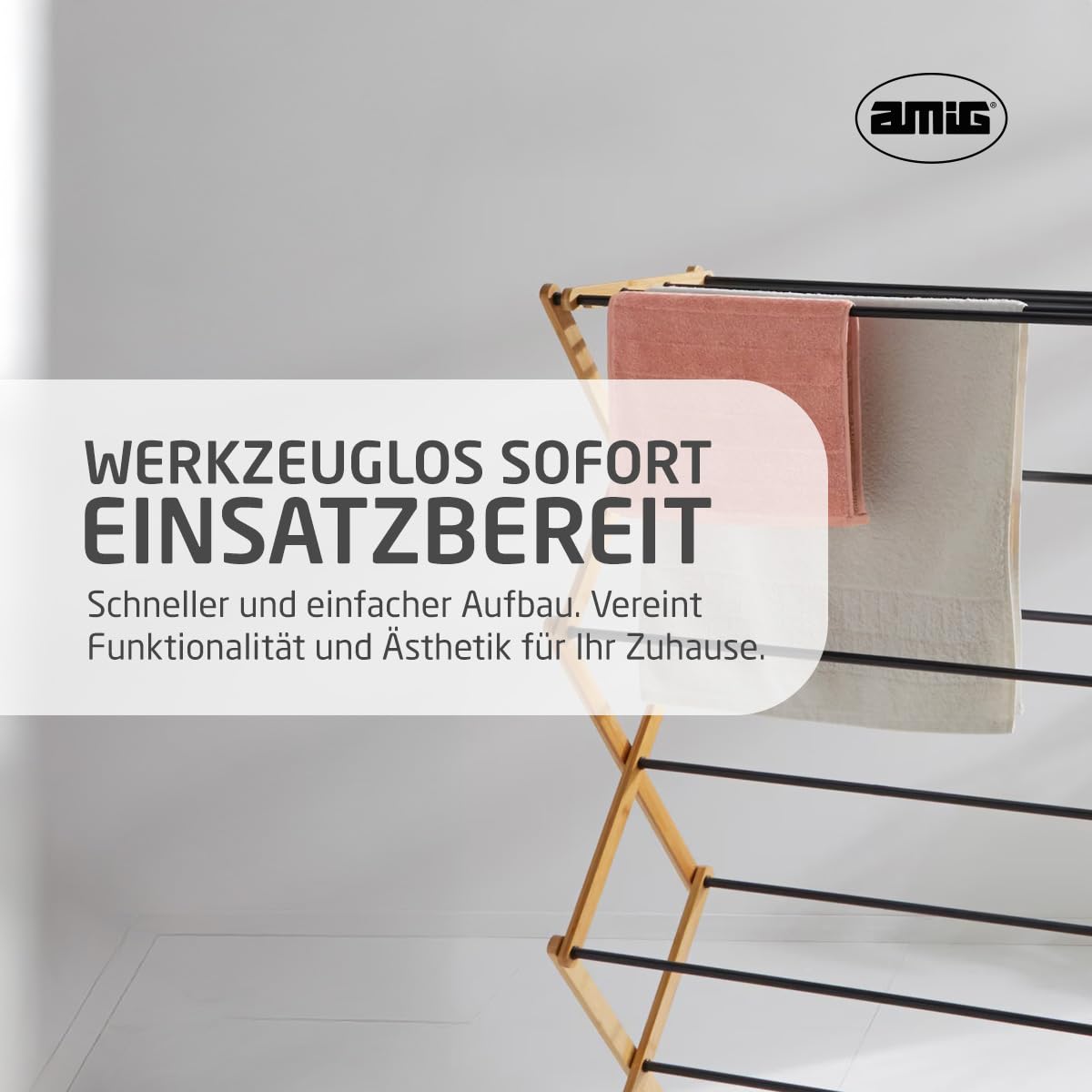 Amig - Vertikaler, klappbarer Turm-Wäscheständer Mod. Aeria ZenRack - Epoxidstahl und Bambus - Design-Wäschetrockner mit vertikaler Struktur - 5 m Trockenfläche - 54x36x106 cm - Farbe Schwarz/Bambus