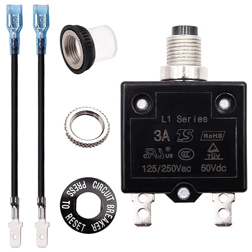 Miniatura 1 de Tnisesm Disyuntor de botón 3A 125250V CA 50V CC, disyuntor térmico de reinicio manual serie L1 con cables de alambre de 7.5 in, terminales de pala