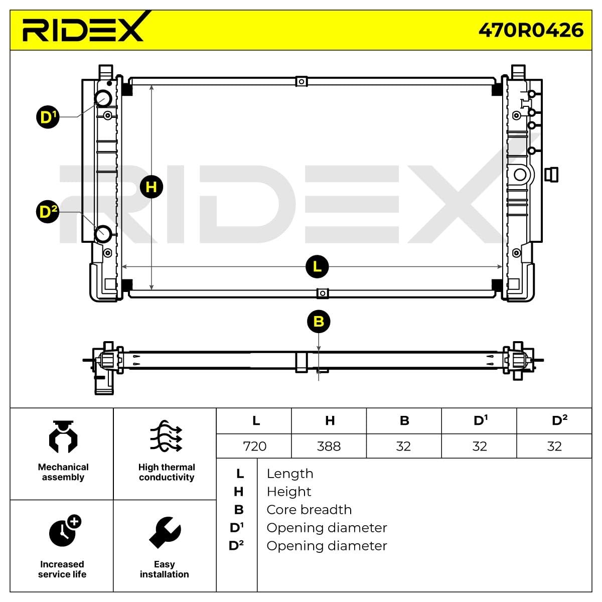 RIDEX 470R0426 Motorkühler/Wasserkühler Kompatibel mit VW Transporter T4 Bus 70B, 70C, 7DB, 7DK, 70J, 70K, 7DC, 7DJ 7D0121253 R10552 7D0121253C
