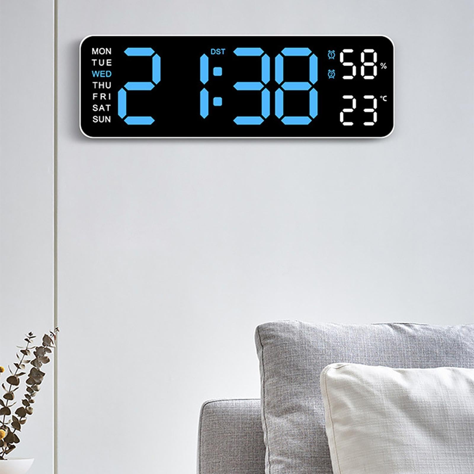 Orologio da Parete Digitale con Retroilluminazione Regolabile, Indicazione di Temperatura, umidità, Giorno/Data, Sveglia E Funzione Snooze, Luce Blu Bianca