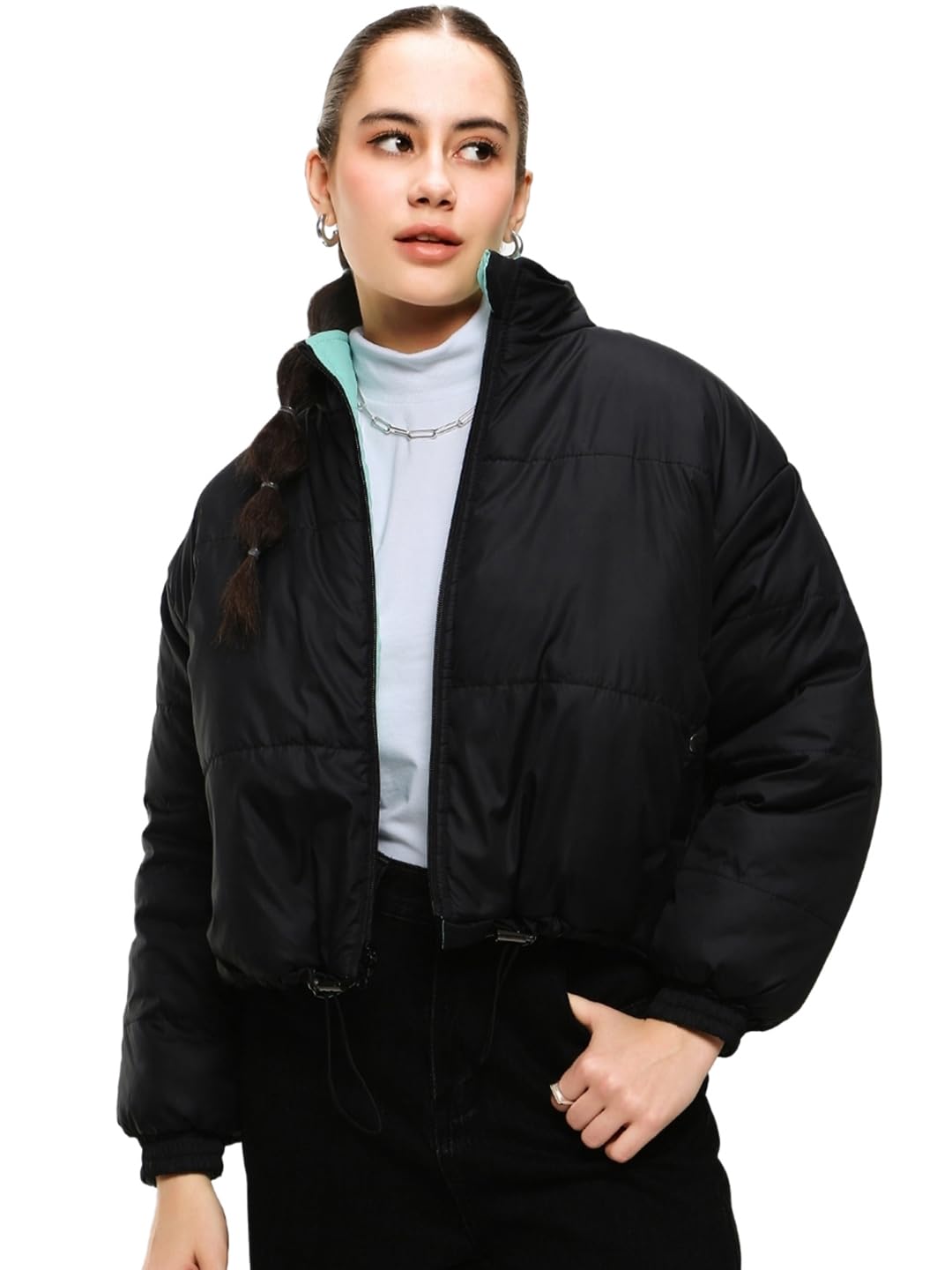 bewakoof Women's Solid Black Stand Collar Long Sleeves Super Loose Jacket-picture-39