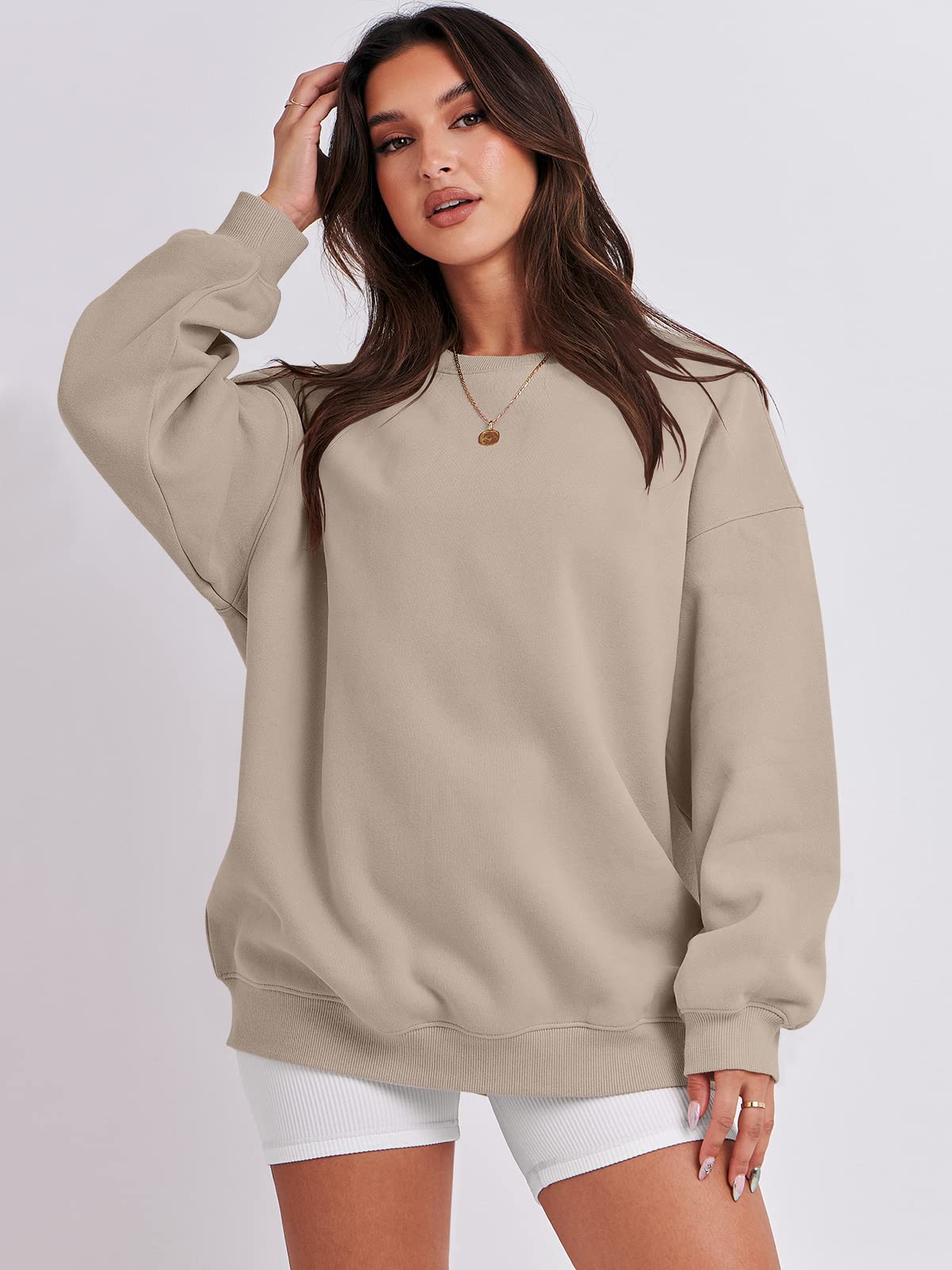 Damskie bluzy oversize bluzy z kapturem polar okrągły dekolt sweter top codzienne jesienne stroje preppy ubrania nastolatki 2024 A1019 światło, Jeden kolor, Light Brown_L