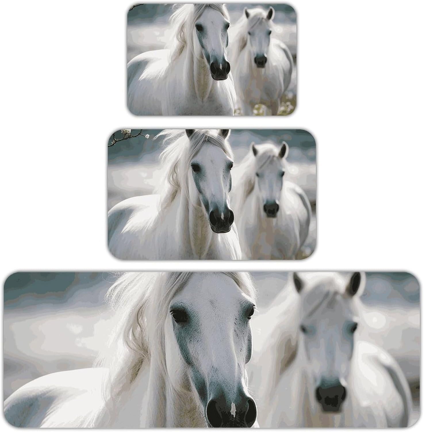 White Horses Kitchen Mats for Floor 3 Pcs Kitchen Rugs