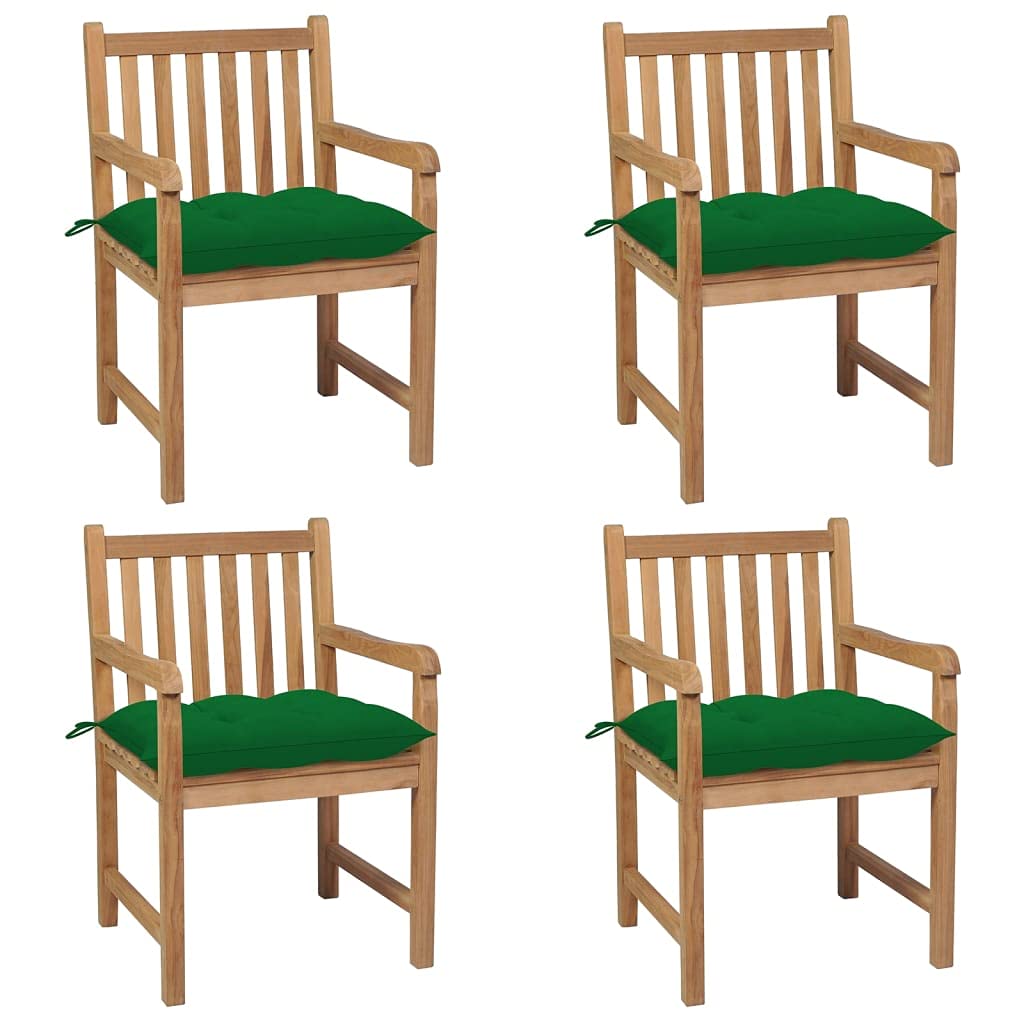 4 sedie da giardino in legno di teak massiccio con cuscini verdi, mobili da giardino resistenti alle intemperie, 58 x 60 x 90 cm, comode sedie da patio per esterni e terrazze