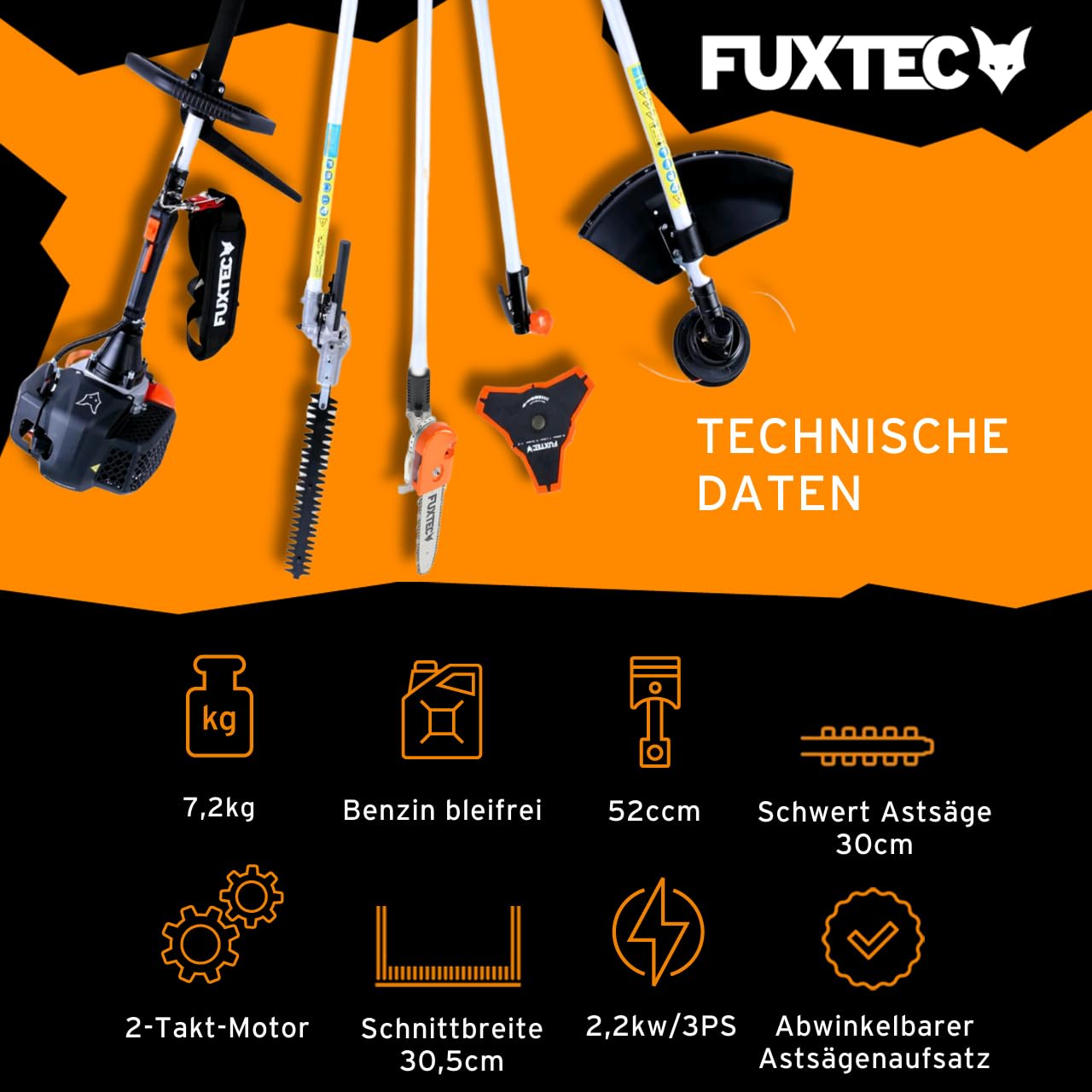 FUXTEC Benzin Motorsense FX-MT252ER 5in1 Multitool, 52 CCM, Tragegurt inkl. 1m Verlängerung 3 PS Kombigerät Heckenschere mit verstellbarem Hochentaster Kombisystem Freischneider 2-Takt