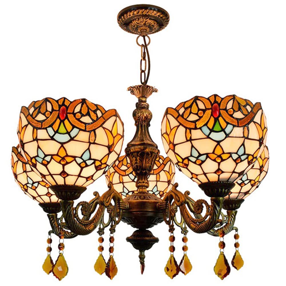 FYZDLAOR Baroque Vintage 5-Light Chandelier,Adjustable Pendant Light Light Fixtures,Tiffanystyle Stained Glass Hanging Light Wide 25 Inch with Crystal Pendant