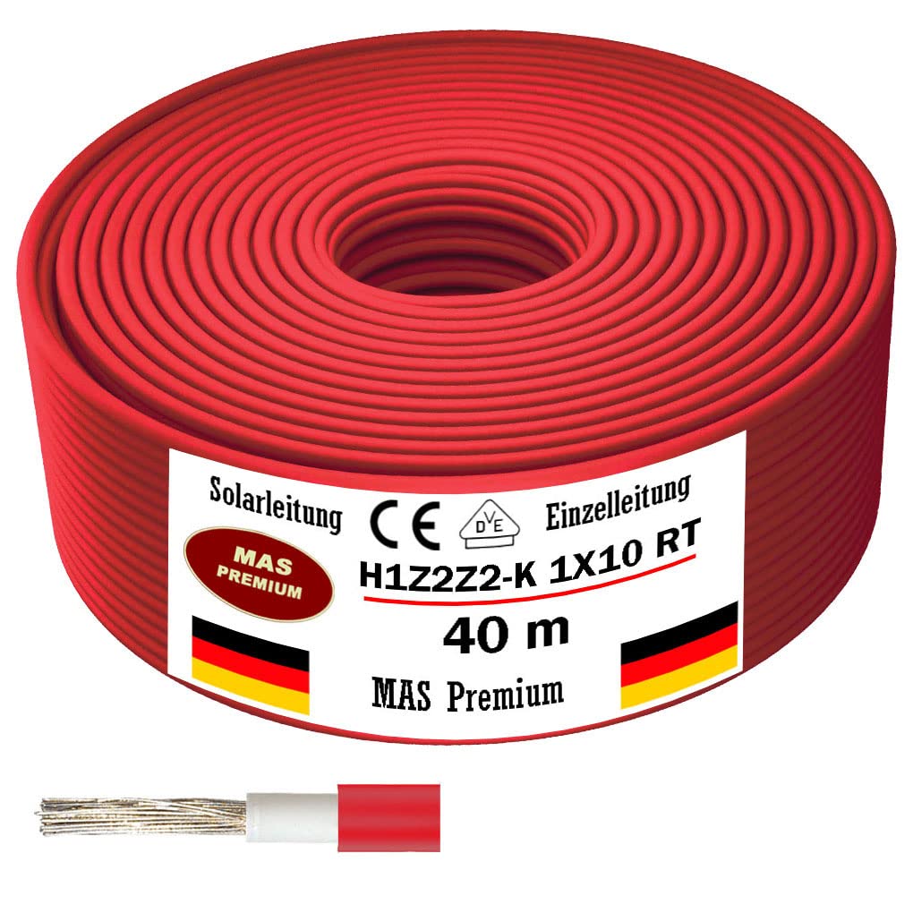 Przewód solarny H1Z2Z2-K 4, 6 lub 10 mm², kabel solarny od 5 do 200 m, czarny, czerwony lub niebieski, układany w ziemi, pojedyncza rura fotowoltaiczna, bezhalogenowa, podwójna izolacja (H1Z2Z2-K 10,