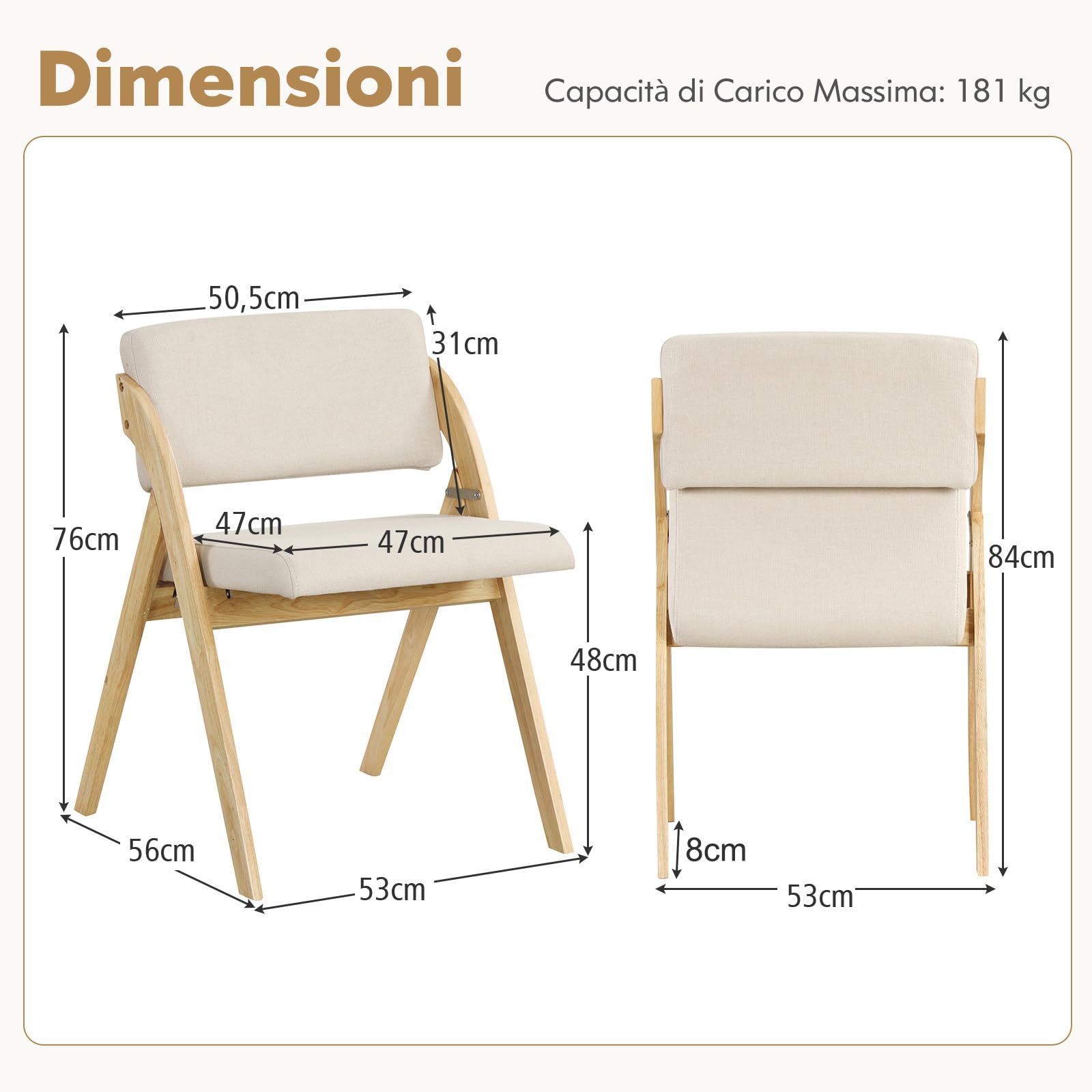 COSTWAY Set 2 Sedie da Pranzo, Sedia da Cucina Pieghevole con Gambe in Legno di Gomma, Sedile e Schienale Imbottiti, Sedia Portatile per Casa Ufficio Matrimonio, Portata 160 kg (Naturale)