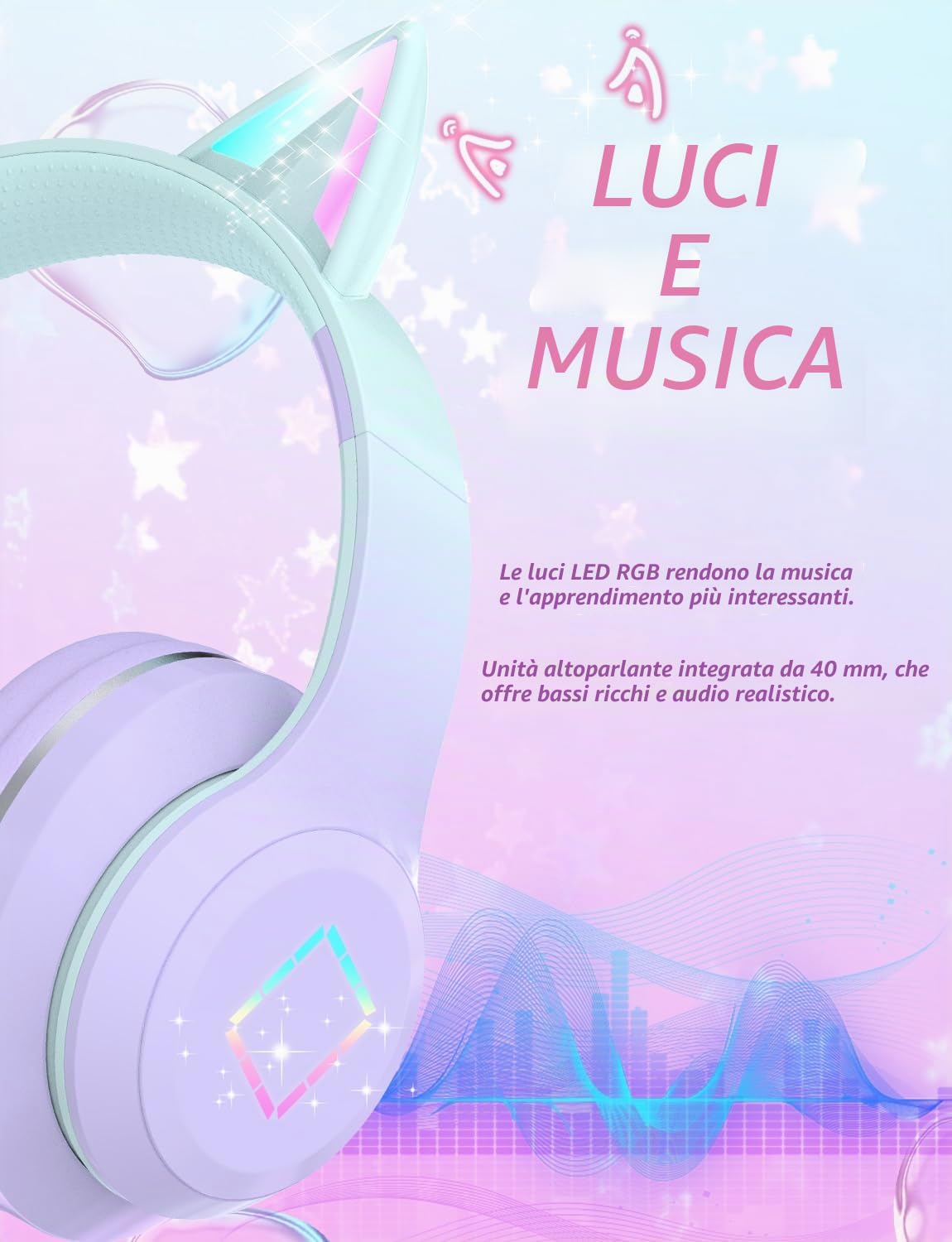 Cuffie Bluetooth per Bambini, Senza-Fili Cuffie Over-Ear, Con orecchie LED, Pieghevole, Con Microfono, Micro SD/TF, HD Stereo, Cuffie ragazze orecchie gatto per scuola/scrivania/PC/TV