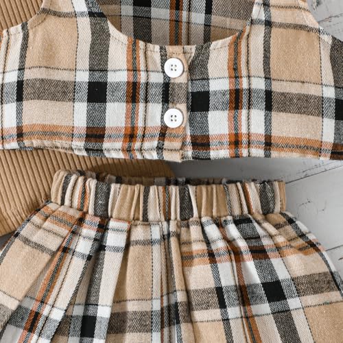 Image of Toddler Girls Christmas Outfits Girls Puff Sleeve Knit Ribbed Tops Button Down Vest Plaid Skirt Set Winter Clothes